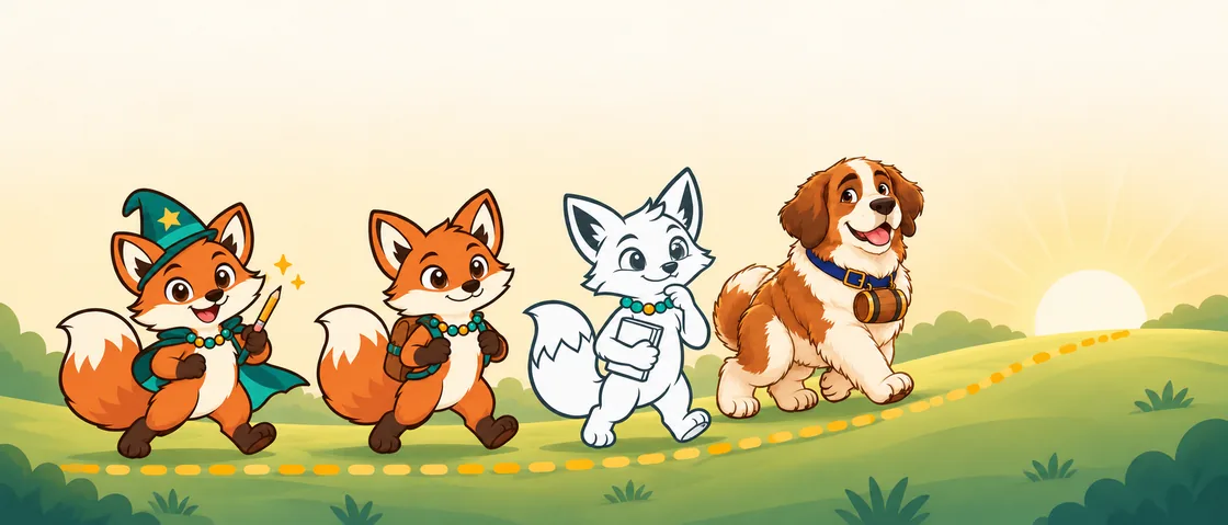 Math Magician's fox wizard, SolveTrail's fox, QuantRoute's fox mentor and Barry the Saint Bernard walking together along a golden trail