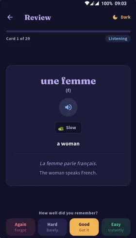 An Ascend review card for "une femme" with audio and memory buttons